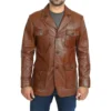 Mens Brown Four Pockets Leather Blazer - Image 2