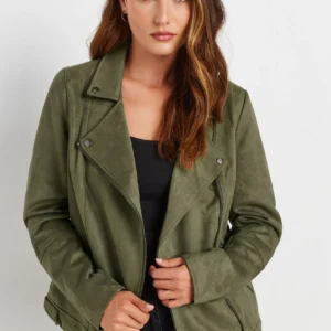 Women's Army Green Motorcycle Faux Suede Jacket