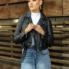 Womens Black Cropped Leather Jacket - Image 2