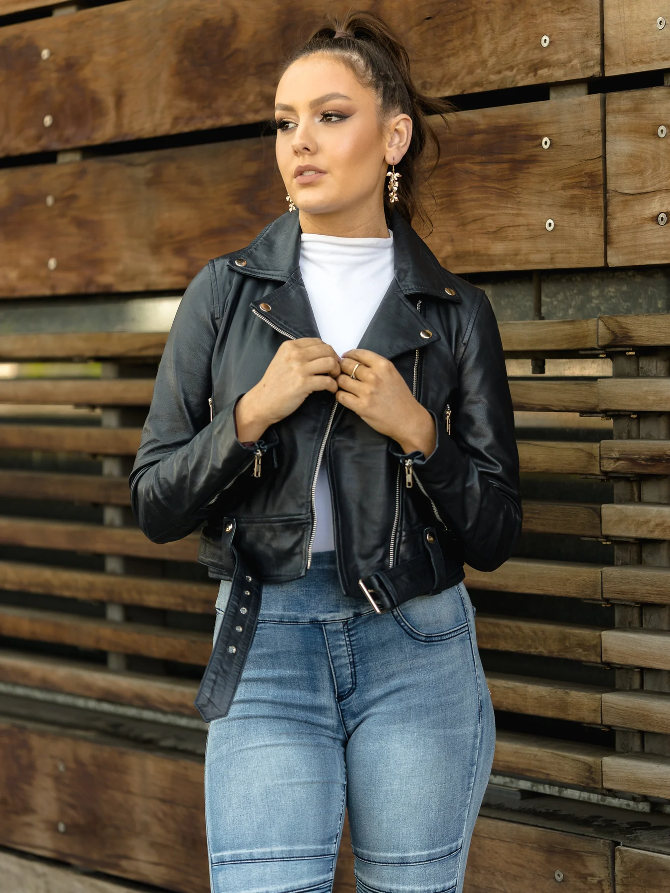 Womens Black Cropped Leather Jacket - Image 2