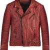 Mens Waxed Sheepskin Quilted Leather Biker Jacket Red