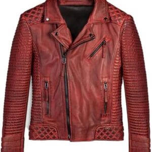 Mens Waxed Sheepskin Quilted Leather Biker Jacket Red