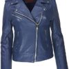 Womens Navy Blue Quilted Motor Biker Leather Jacket