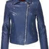 Womens Navy Blue Quilted Motor Biker Leather Jacket - Image 2