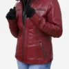 Women Red Hooded Leather Jacket - Image 4