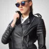 Womens Slim Fit Diamond Quilted Leather Biker Jacket Black