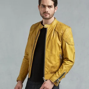 Men's Yellow Cafe Racer Leather Biker Jacket