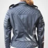 Womens Slim Fit Diamond Quilted Leather Biker Jacket Black - Image 2