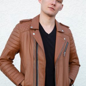 Men's Quilted Tan Leather Biker Jacket