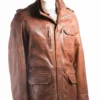Men's Tan Double Collared Leather Coat - Image 3