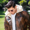Men's Faux Fur Brown Leather Jacket - Image 4