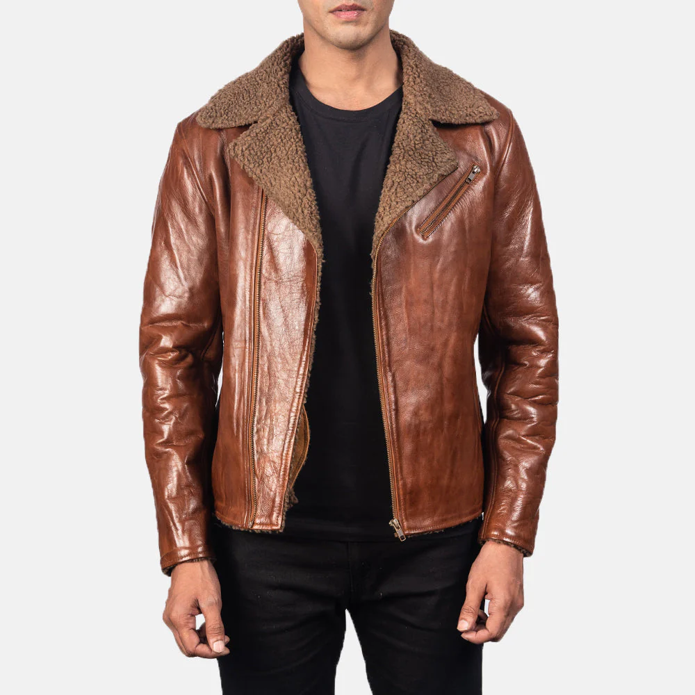 Mens Sheepskin Shearling Brown Leather Jacket