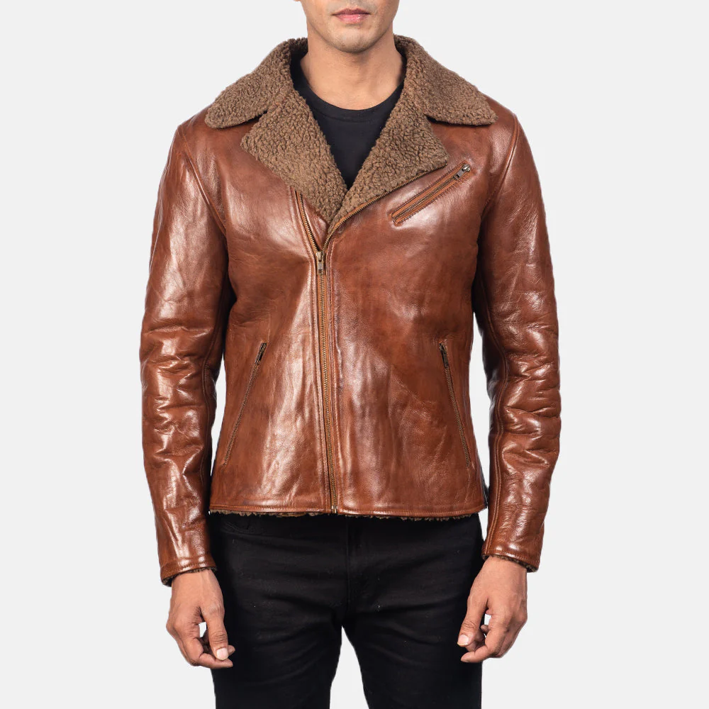 Mens Sheepskin Shearling Brown Leather Jacket - Image 2