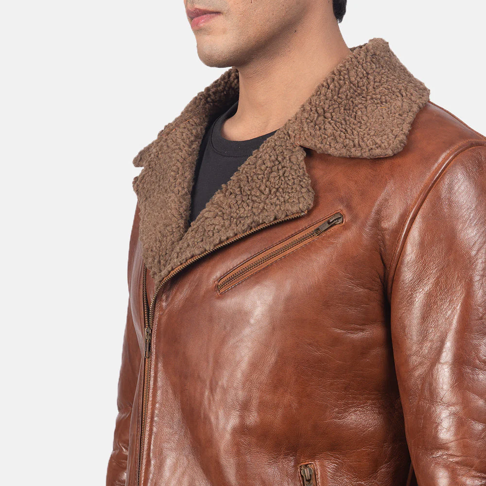 Mens Sheepskin Shearling Brown Leather Jacket - Image 5