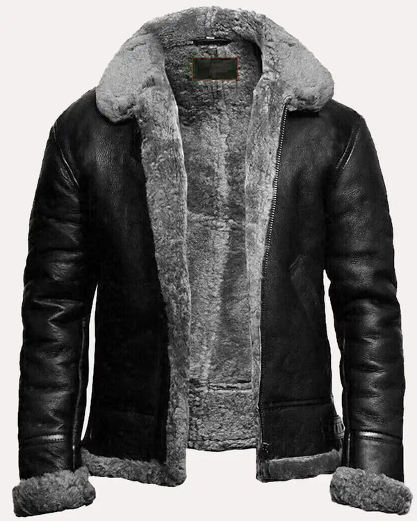 B3 Bomber Black Fur Pilot Leather Jacket