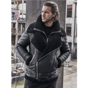 Mens Black Aviator Sheepskin Bomber Shearling Jacket