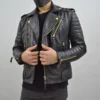 Men’s Black Leather Biker Jacket With Gold Zippers