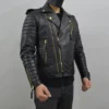 Men’s Black Leather Biker Jacket With Gold Zippers