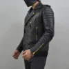 Men’s Black Leather Biker Jacket With Gold Zippers