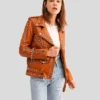 Womens Brown Studded Biker Leather Jacket