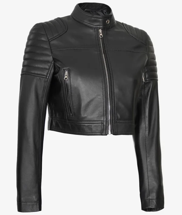 Womens Short Body Cafe Racer Leather Jacket - Image 6