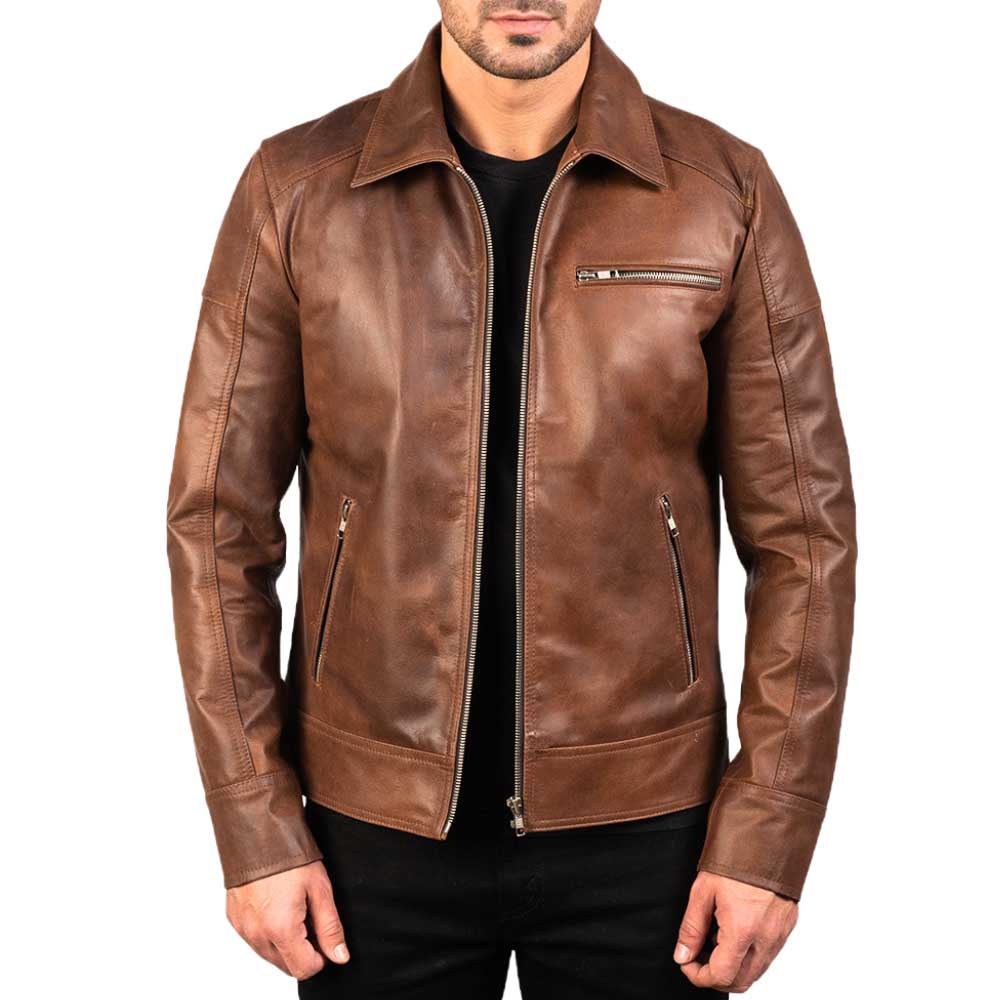 Mens Brown Leather Shirt Collar Jacket