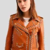 Womens Brown Studded Biker Leather Jacket - Image 4