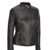 Womens Zipper Pockets Black Leather Jacket