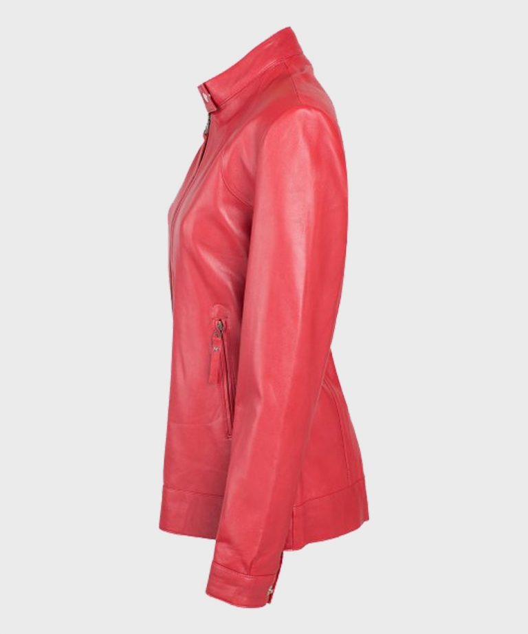 Womens Cafe Racer Leather Motorcycle Jacket Red - Image 2