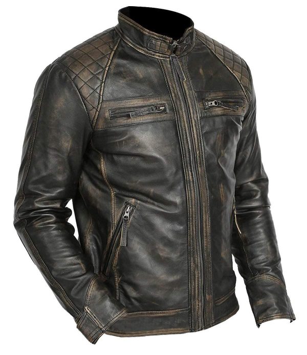 Men's Retro Caf? Racer Leather Biker Jacket - Image 3