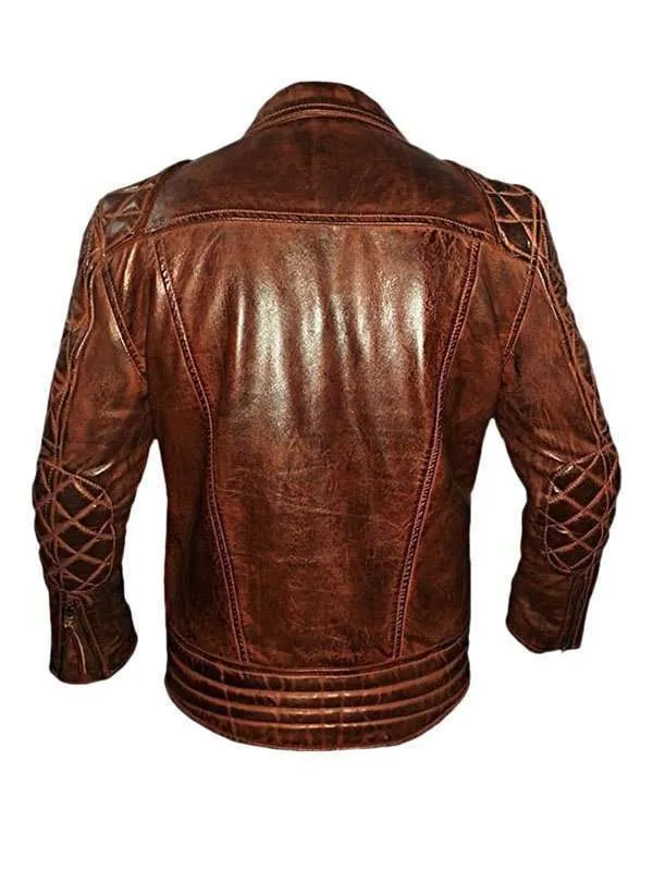 Mens Diamond Quilted Vintage Leather Biker Jacket Brown