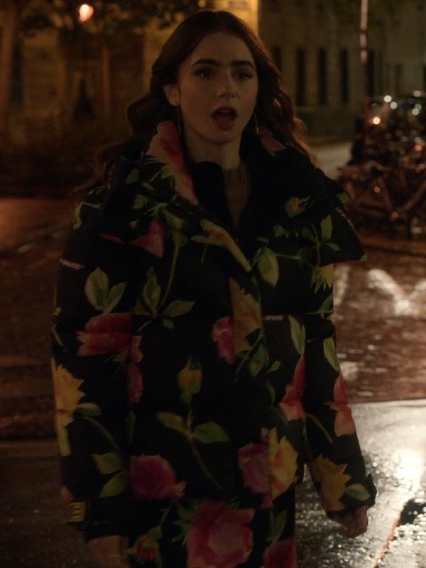 Lily Collins Emily In Paris Floral Hooded Jacket