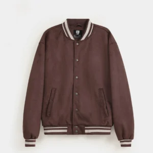 Men's Suede Leather Varsity Jacket With Contrast Sleeves