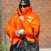 Dua Lipa Shiny Orange Puffer Jacket