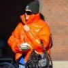 Dua Lipa Shiny Orange Puffer Jacket - Image 2