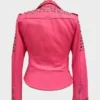 Women's Golden Studded Pink Biker Leather Jacket - Image 3