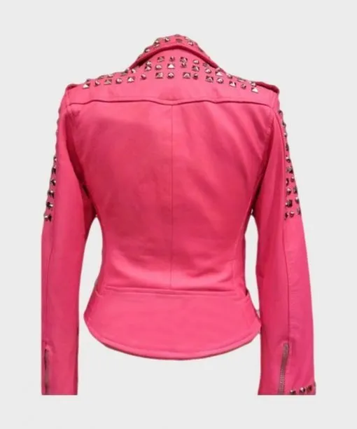 Women's Golden Studded Pink Biker Leather Jacket - Image 3