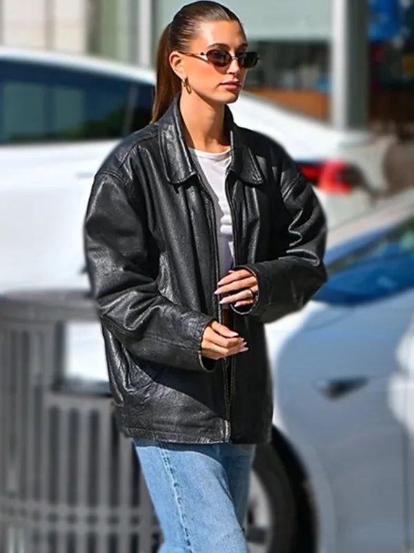 Hailey Bieber Bomber Leather Jacket - Image 2