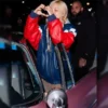 K-Pop Star Singer Rose Vintage Bud Racing Blue and Red Leather Jacket