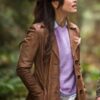Murder in a Small Town Kristin Kreuk Brown Leather Coat