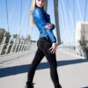 Womens Slim Fit Diamond Quilted Leather Biker Jacket Blue - Image 3
