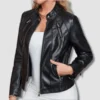Women V-Style Biker Leather Jacket - Image 2