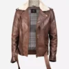 Women Fur Collar Brown Leather Jacket