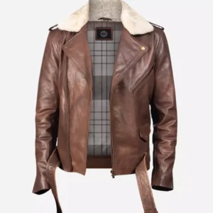 Women Fur Collar Brown Leather Jacket
