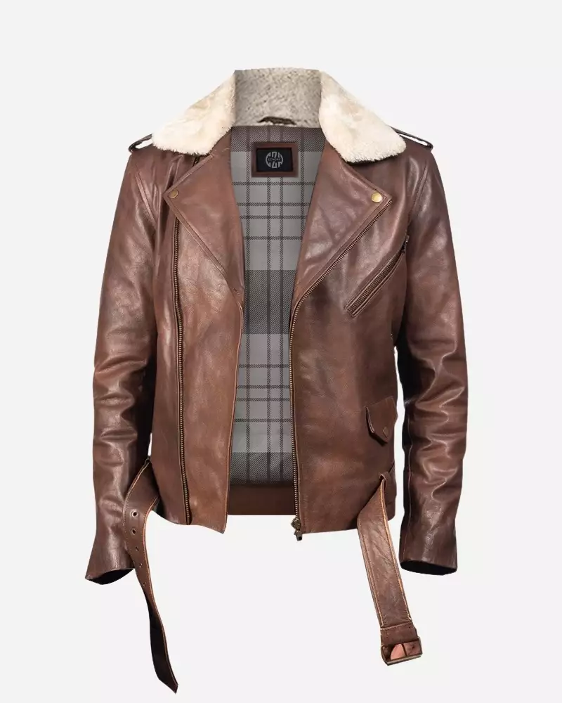 Women Fur Collar Brown Leather Jacket