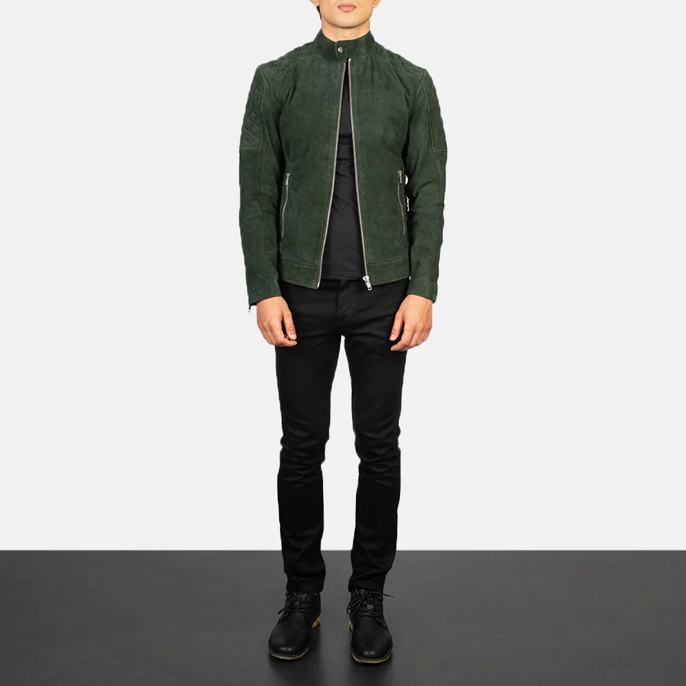 Men's Quilted Green Suede Leather Jacket