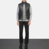 Mens Black Leather Puffer Vest - Image 2