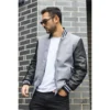 Men's Grey Varsity Bomber Jacket - Image 6
