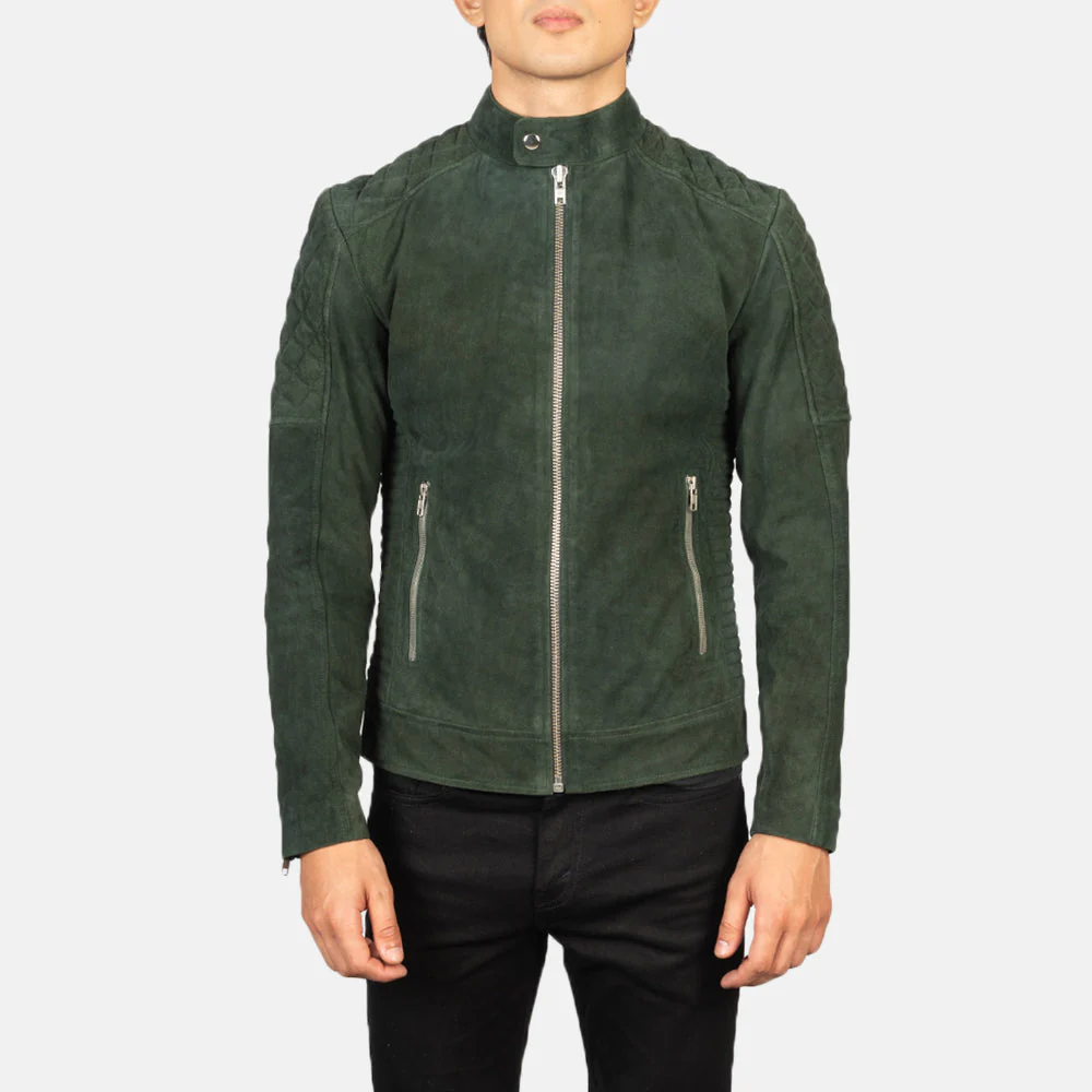 Men's Quilted Green Suede Leather Jacket