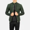 Men's Quilted Green Suede Leather Jacket - Image 4